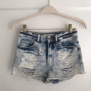 Distressed high waisted denim shorts